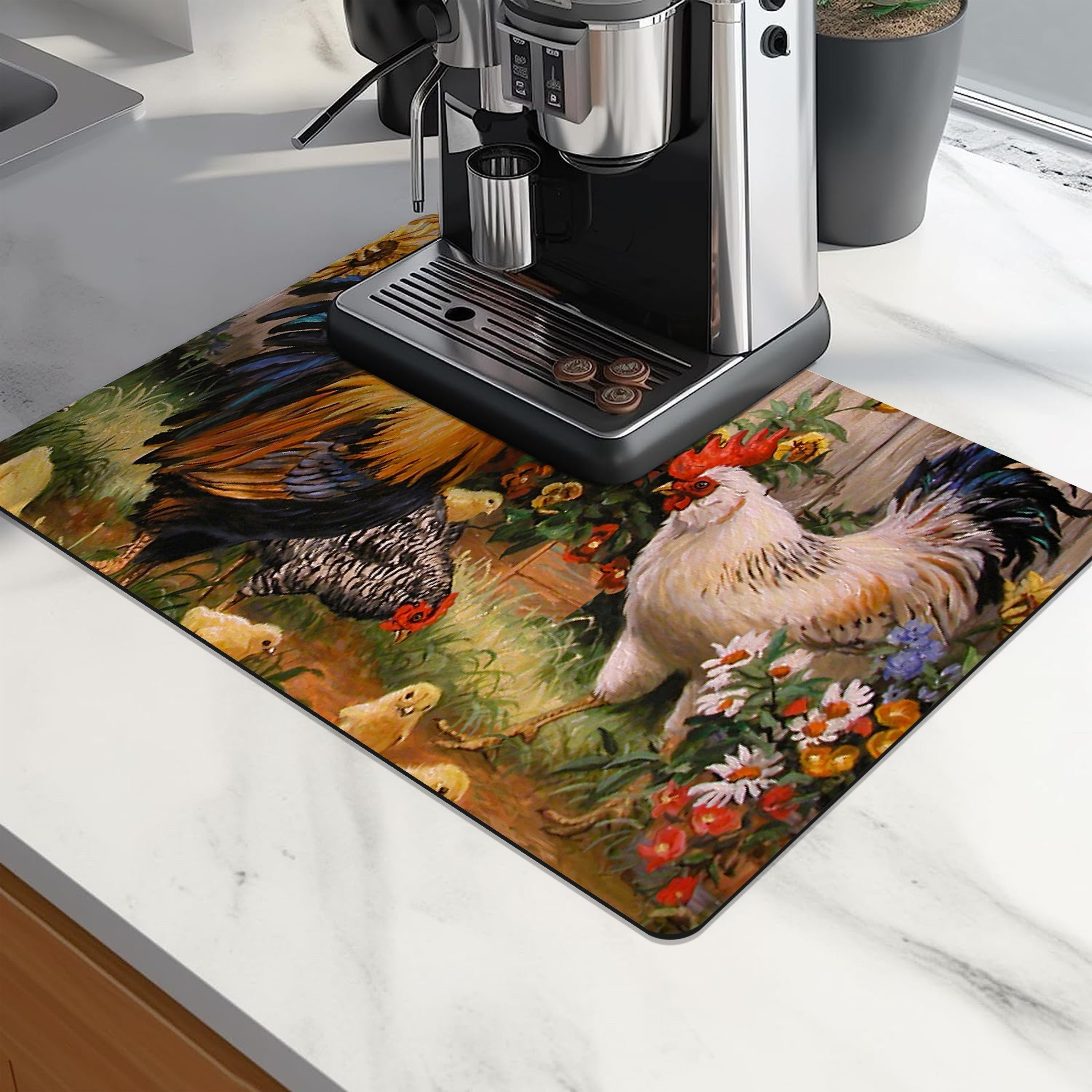 

1pc Farmhouse Style Chicken Pattern Quick-dry Diatomite Drain Mat, Polyester, Anti-slip Waterproof Coaster, Heat Resistant Pad For Coffee Machine, Kitchen, Bar, And Dining Table