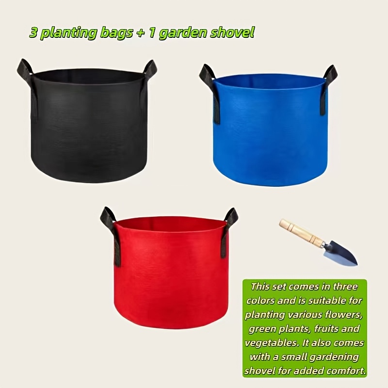 TEMU Lot de 3/7 Sacs de Plantation Colorés Robustes en Tissu Non Tissé + Truelle de Jardin—Jardinières en Tissu Réutilisables et Pliables avec