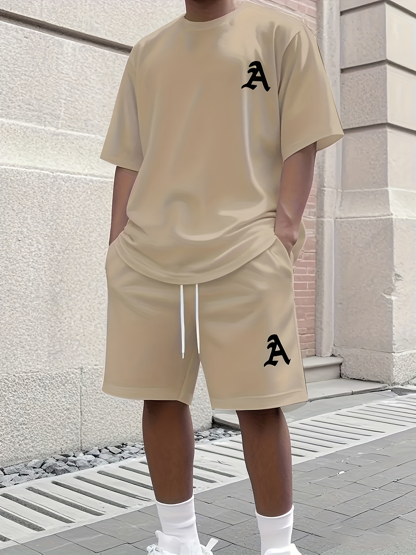 Men's Outdoor Quick-Dry Summer Trendy Fashion Short-Sleeve T-Shirt + Shorts Set, 3D Digital Print Vintage Style "A" Letter Pattern, A Must-Have for Street Fashion Enthusiasts, Suitable for Daily Casual, Fitness, Running, and Sports Wear, A Fun