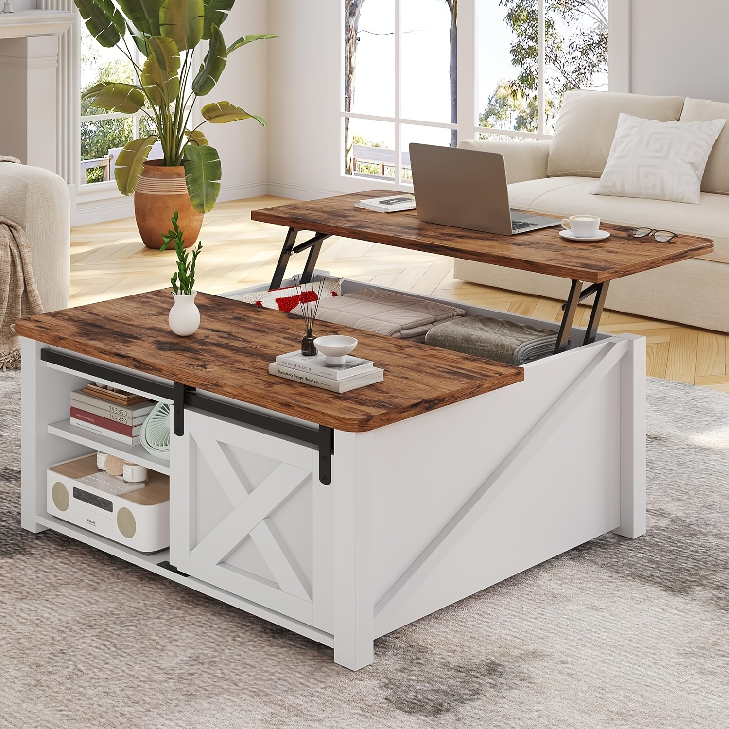Farmhouse Lift Top Coffee Table with Storage, Square Coffee Table with Large Hidden Storage Compartment And Adjustable Shelves for Living Room, Black/White/Grey/Blue