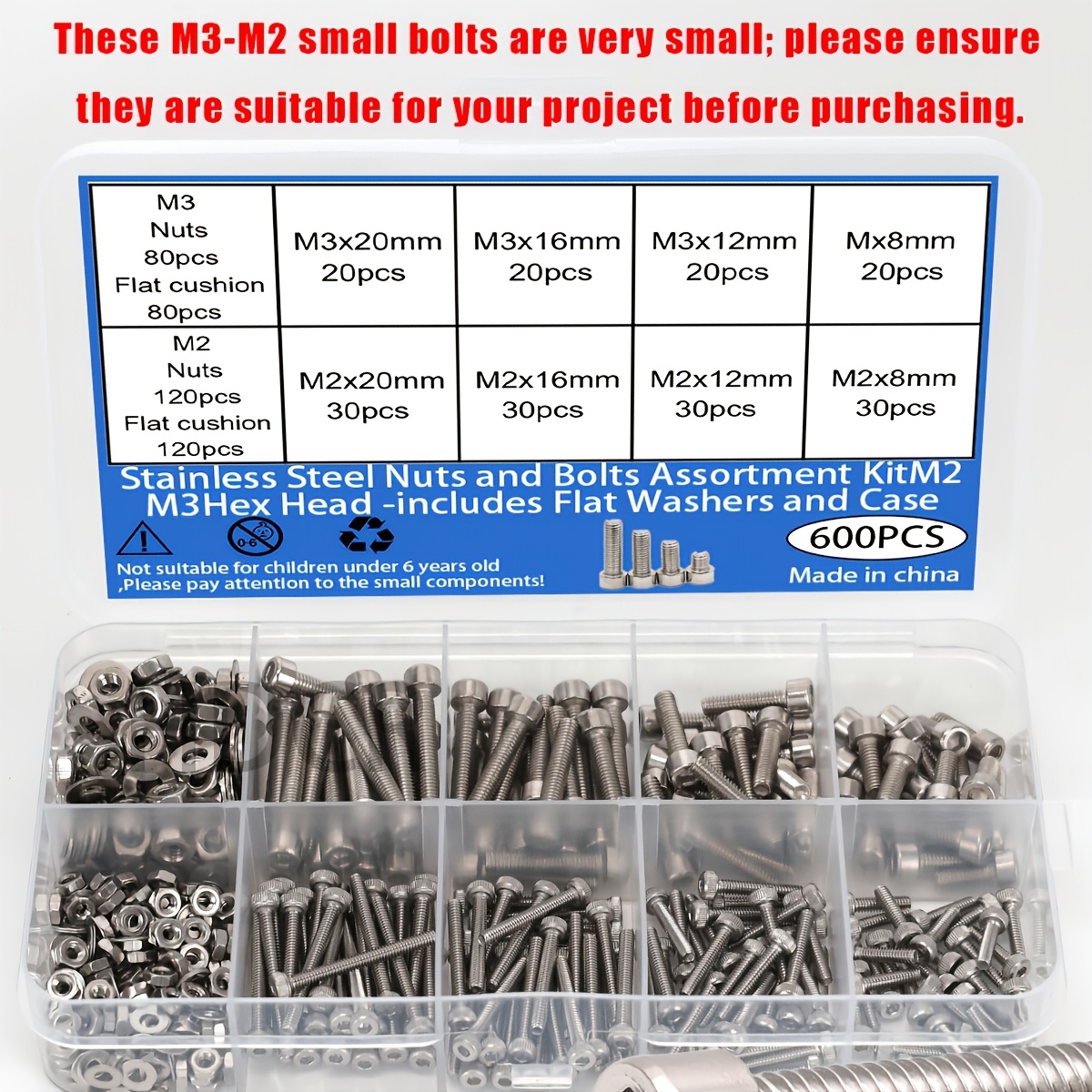 TEMU 600pcs Stainless Steel Socket Head Cap Screw, Nut, And Washer Set, Including M2 And M3 Cup Head Bolts, 8.8/10.9 Grade Marine Grade Socket Head