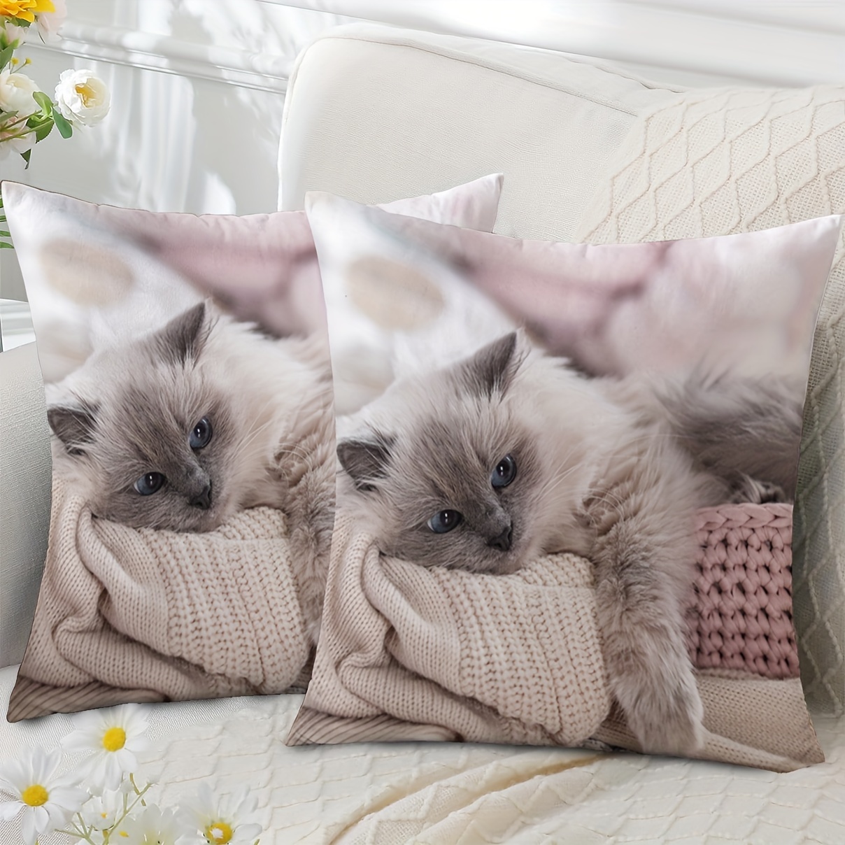

2pcs, Blue Eyed Cat Pillow Cover Art Animal Retro Minimalist Dormitory Living Room Home Decoration Short Plush Fabric Double-sided Printing Without Pillow Core