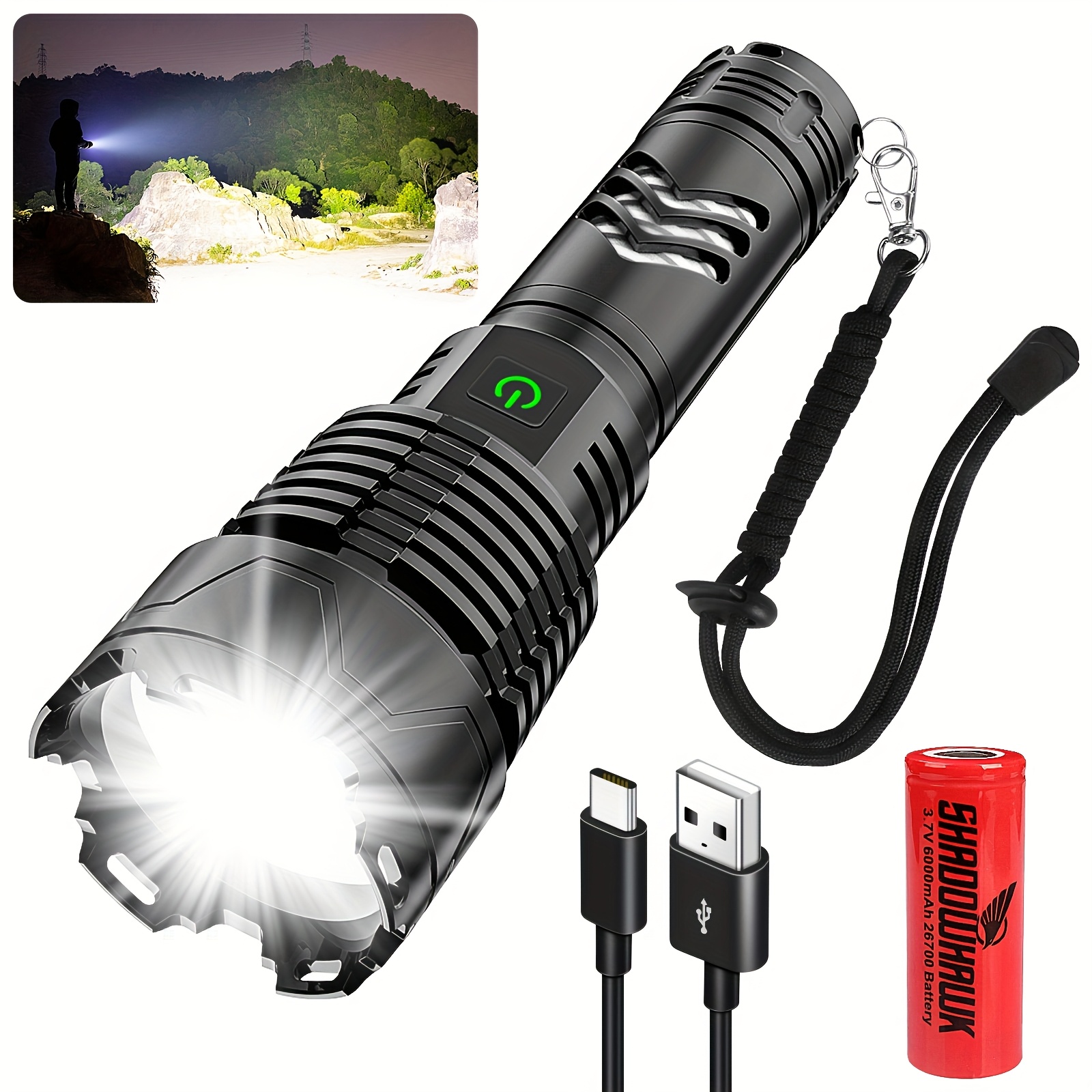 

Shadowhawk S2800 Led Flashlight - Xhp160.2, Rechargeable Via Usb, 5000mah Battery Included, Camping Light With Textured Grip And Hanging Strap, Flashlight Rechargeable, Shadowhawk