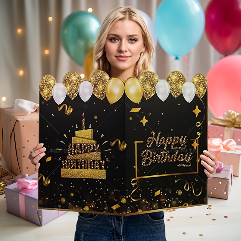 giant happy birthday card guest book 22x16 inch large party decoration with golden glittery cake design black background and festive balloons for   celebrations birthday party decorations 0