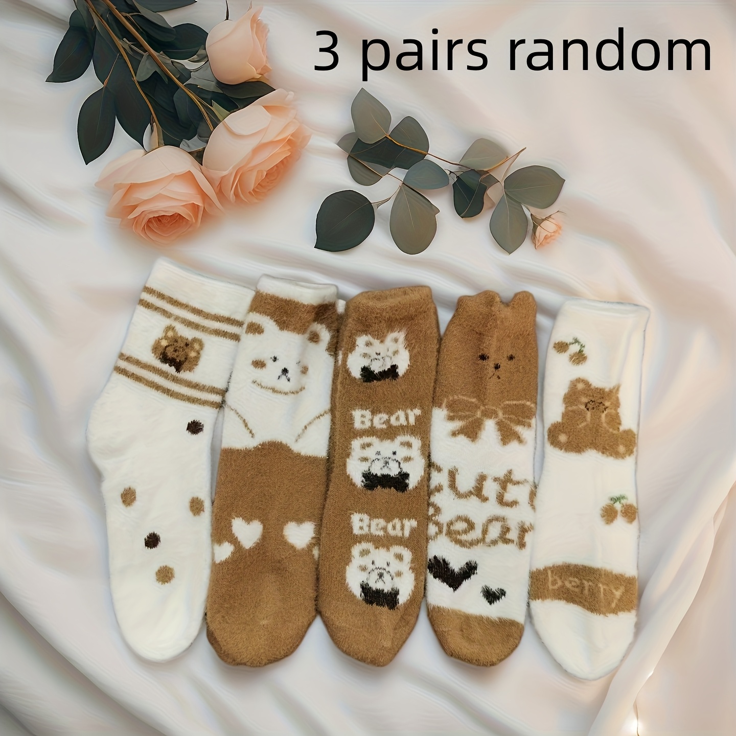 TEMU 3-pair Random Autumn/winter Cartoon Bear Women's Socks, Soft, Comfortable, And Warm Essential Sleep Socks For Home
