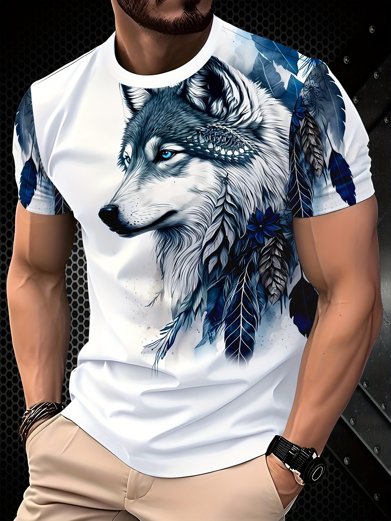 mens casual breathable t shirt white round neck regular fit machine washable durable   for outdoor casual attire naturethemed apparel wolf graphic tee comfortable fabric