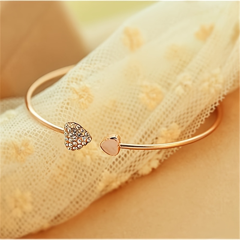 Love Heart Open Bangle Bracelet with Rhinestone Inlay