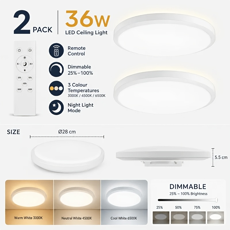 TEMU 2pcs 36w Led Flush Mount Ceiling Lights Modern, Fixtures For Bedroom & Living Room; Remote-controlled Dimmable With Adjustable Color Temperature