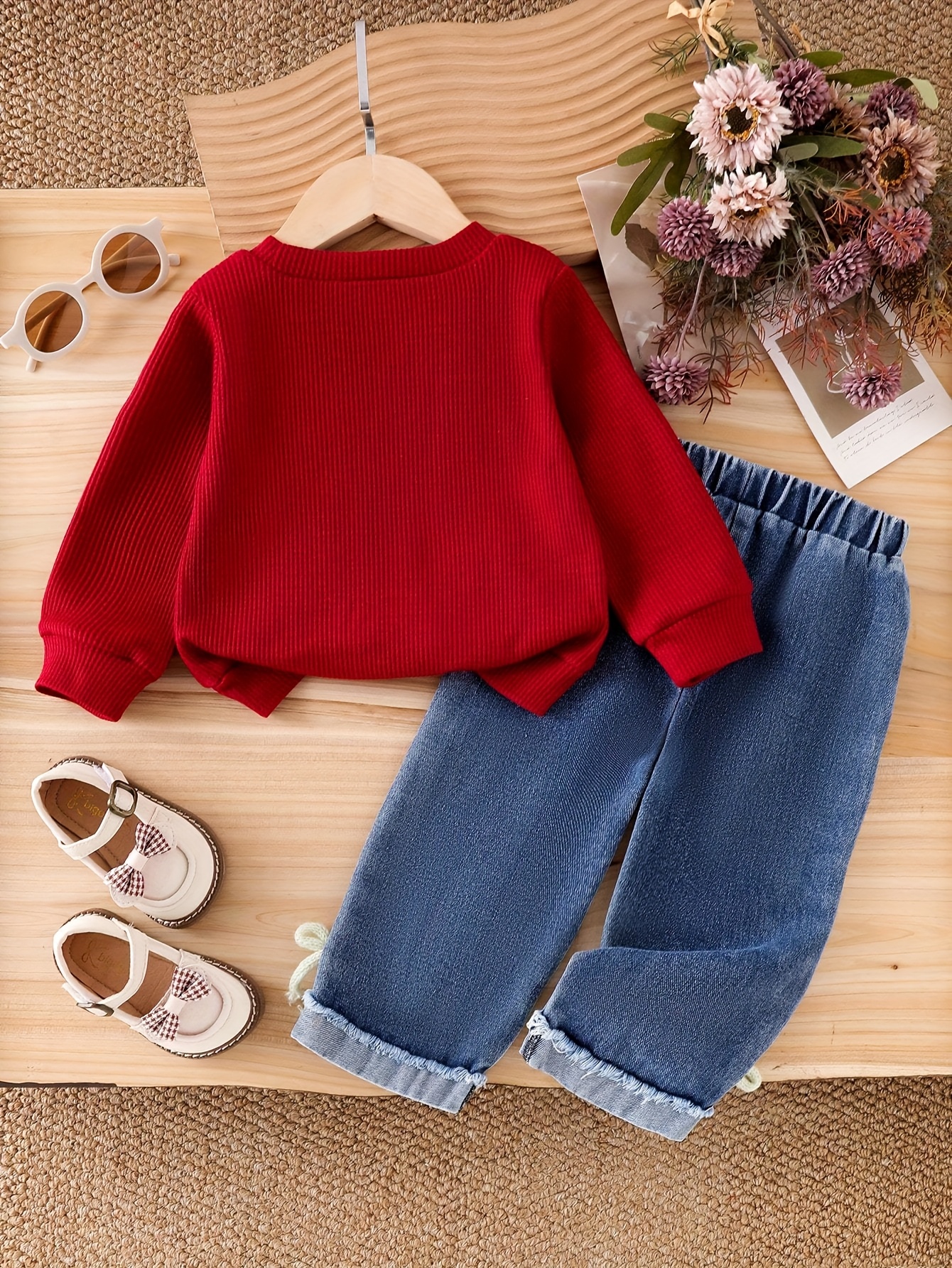 2pcs girls bow fringe bell bottom jeans outfit elastic waist long sleeve t shirts denim pants   casual wear 2pcs matching set for girls 2pcs ensemble   outdoor Product details 2