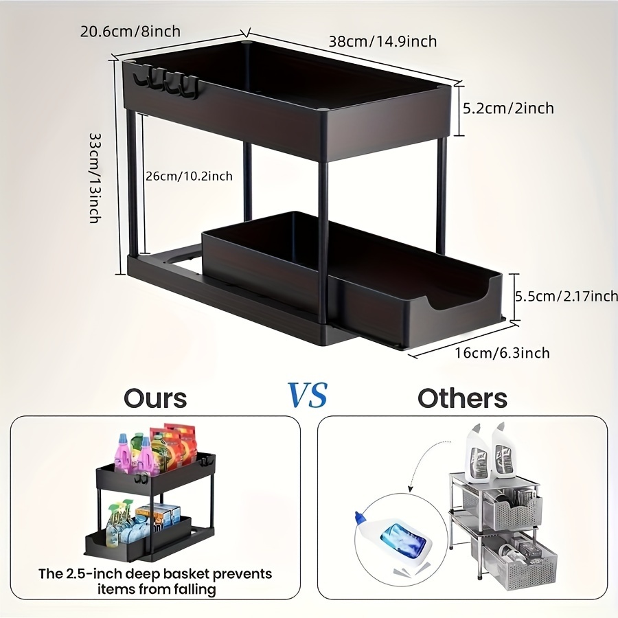 1pc classic plastic pull out cabinet storage organizer sliding under sink rack with drawers easy assembly no electricity or battery needed removable shelves for kitchen and bathroom countertop organization details 1