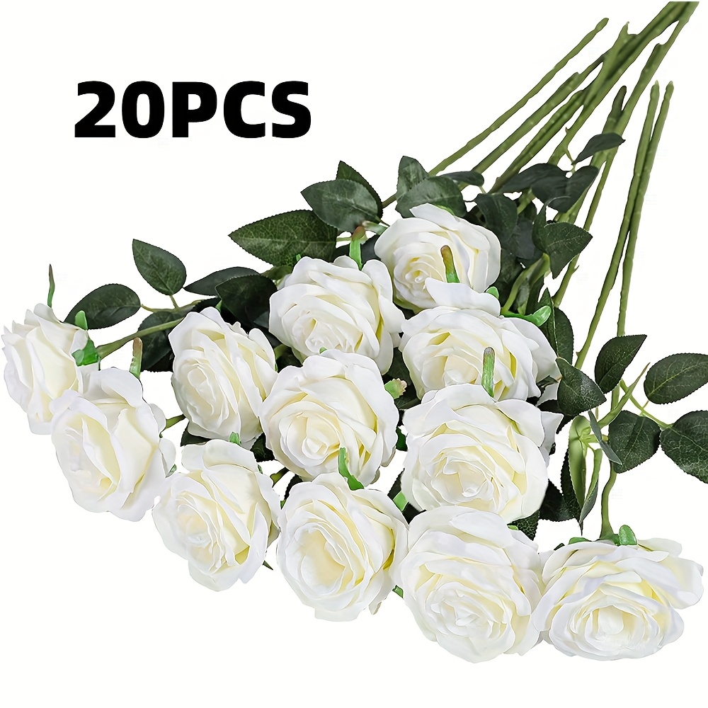 Image of 20pcs Realistic Artificial Silkyyy Roses With Long Stems - Lifelike, Durable White Rose Bouquet For Home Wedding Decor, Party Arrangements, And Elegant Table Settings, Multiple Colors