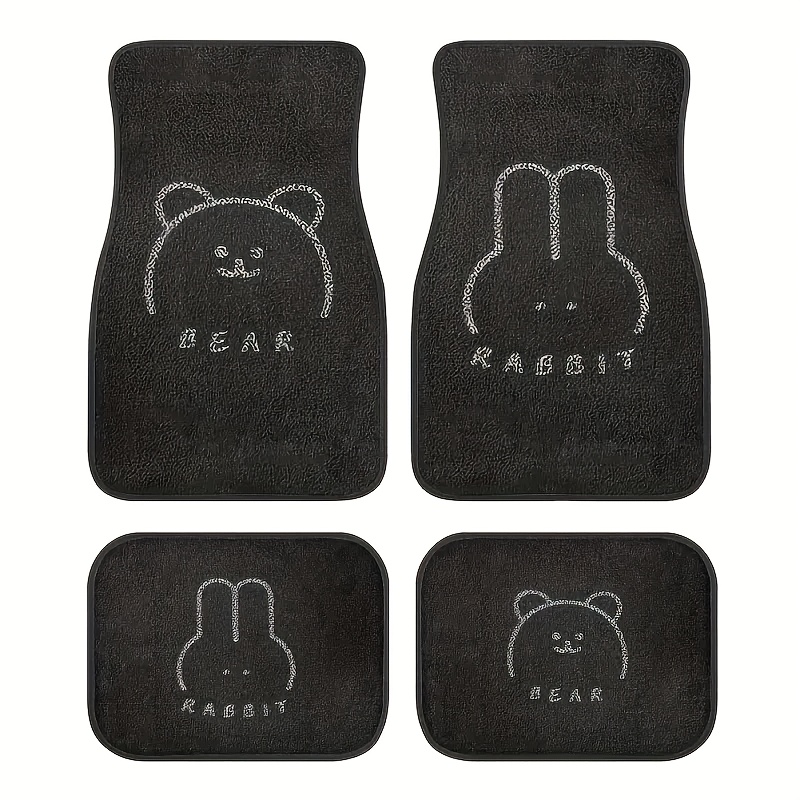 4pcs set universal fit polyester fiber car floor mats with cute bear and rabbit design for sedans suvs and trucks creative theme automotive interior accessories details 3