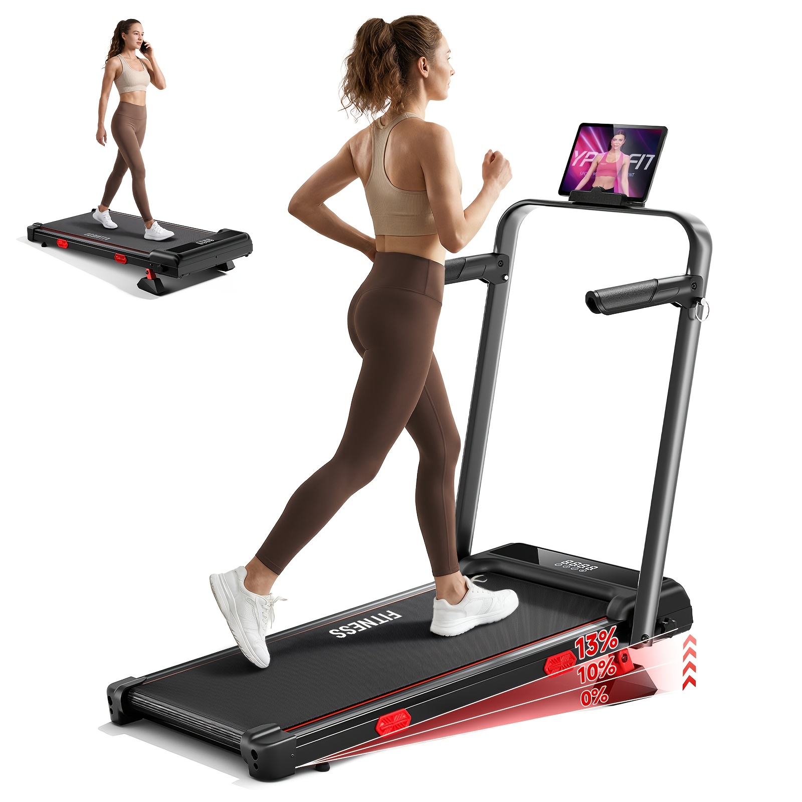 TEMU Tapis de marche avec inclinaison de 13 %, tapis de course de 6,3 mph pour usage domestique avec inclinaison, écran LED, petite machine de marche