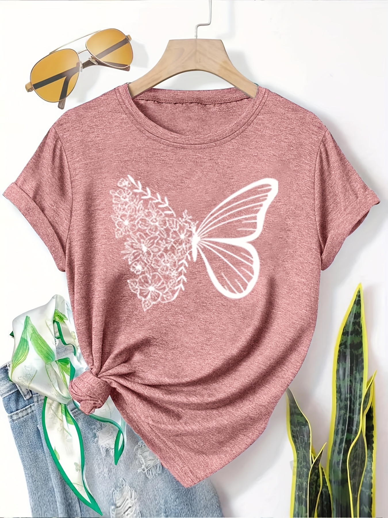 5pcs womens casual short sleeve t shirts summer round neck geometric print tees with dandelion floral     options breathable machine washable fabric cute t shirts everyday outfit     printed   adults Product details 10