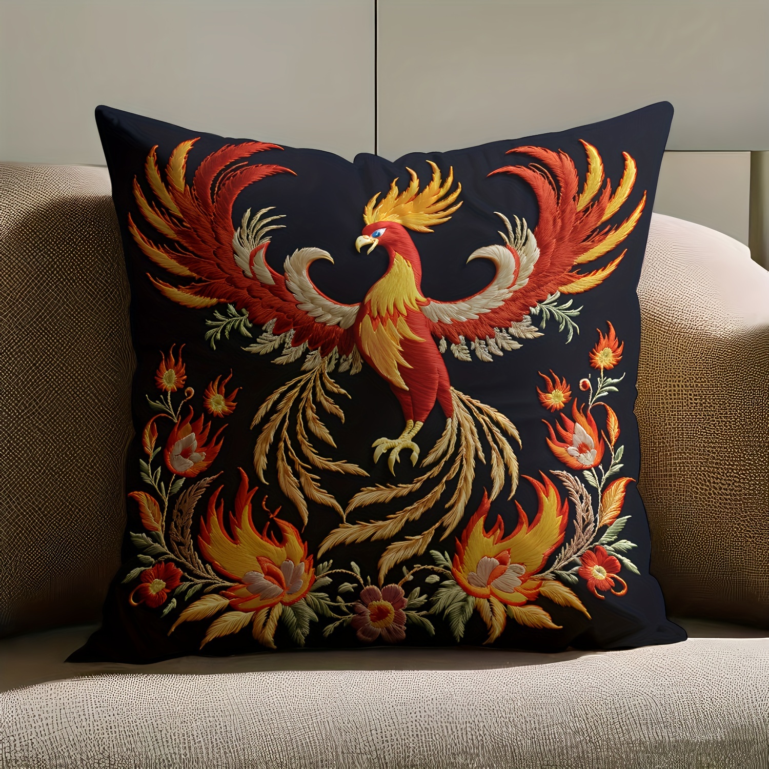 TEMU 2pcs, High Quality Short Plush, Fire Phoenix Pattern Pillowcases, Retro Style Pillowcases, Double-sided Printing 18 Inches X 18 Inches, Perfect