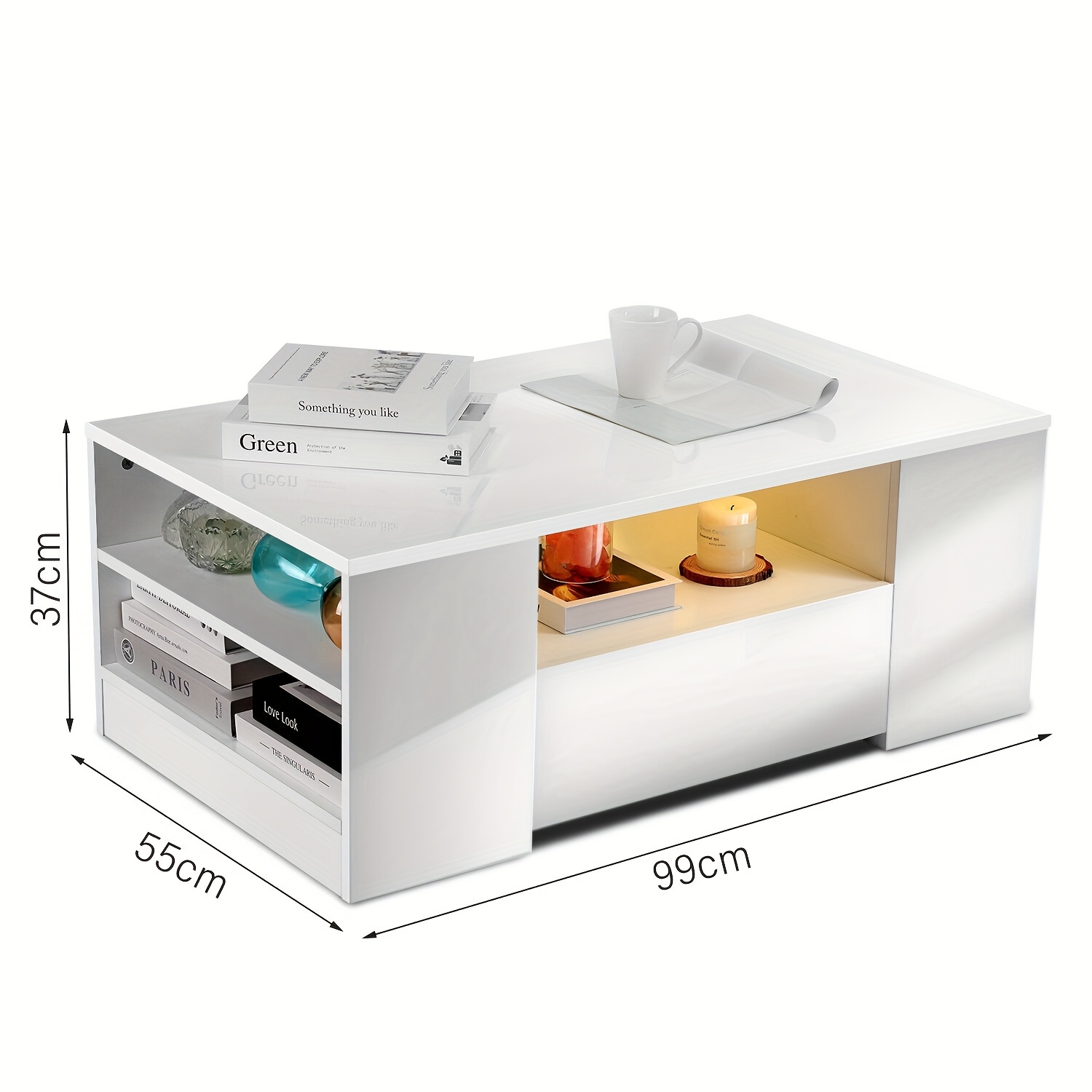 High Gloss Coffee Table For Living Room, Rectangle Centre Table With 2 Drawer Storage, Modern Wooden Tea Table With Led Rgb Lights For Home, Office Living Room Furniture - White