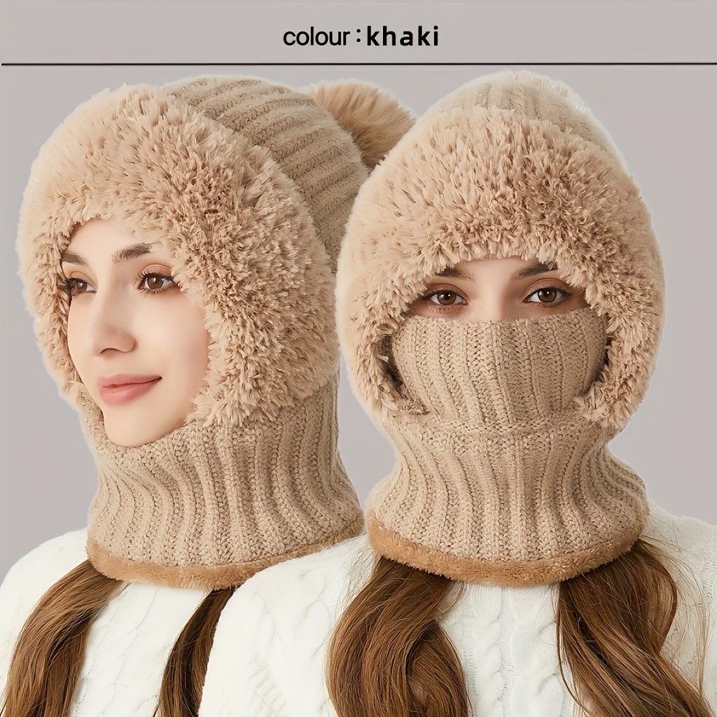 

1pc Winter Fleece-lined Knit Beanie With Earflaps, Women's 3-in-1 Windproof Warm Hat Scarf Mask Set, Acrylic Outdoor Cycling Neck Warmer, Hand Washable