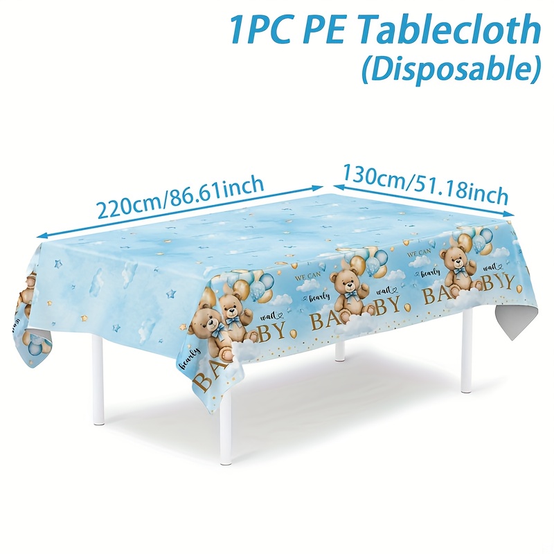 E-shop ., Blaue Bären-Tischdecke, 130*220 cm, Bären-Party Einweg-Tischdecke aus Plastik, Baby Shower Party Dekoration, Gender Reveal Party Zubehör,