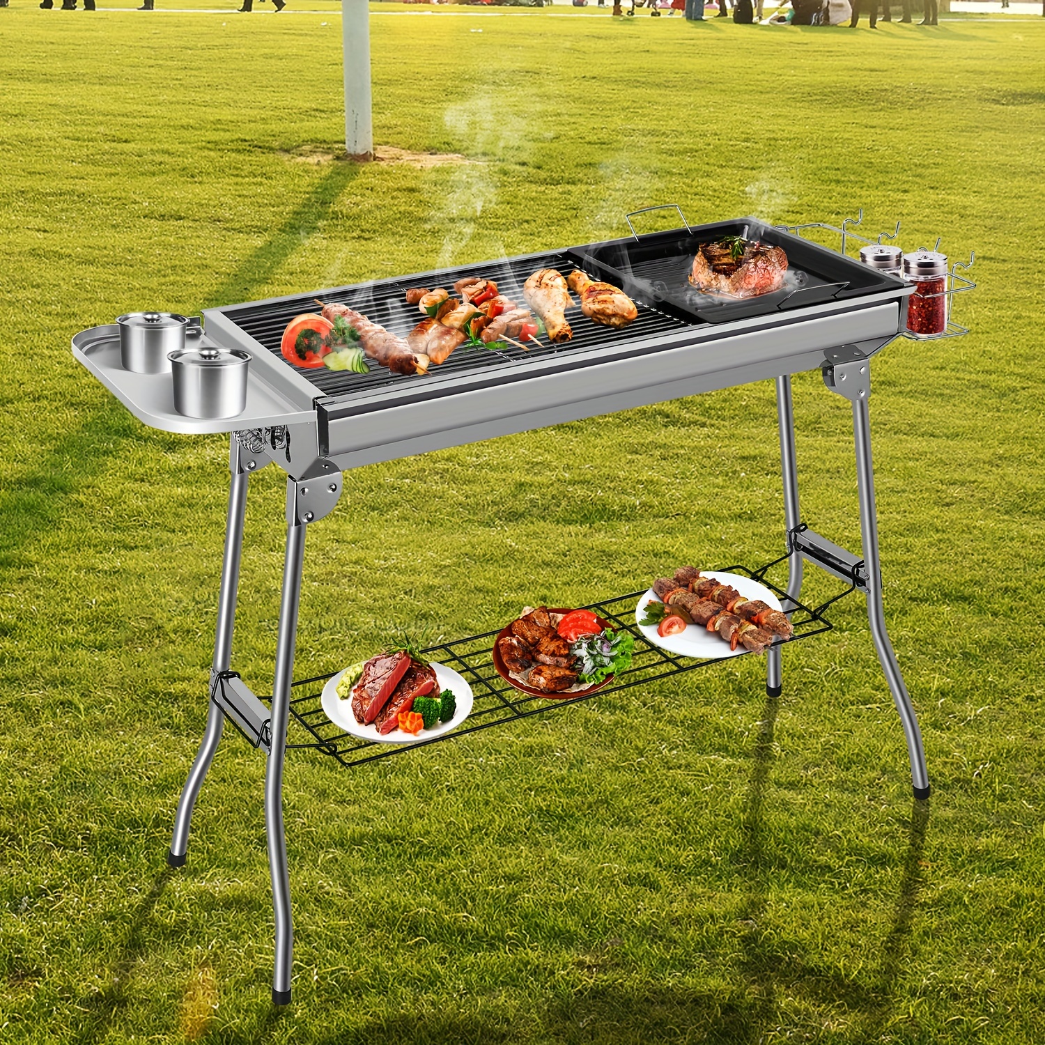 Image of Stainless Steel Charcoal Grill | Foldable, Pan, Storage Basket And Tray, For 5 People, Camping And Picnic Use, Outdoor Cooking Grill, Liferun Brand