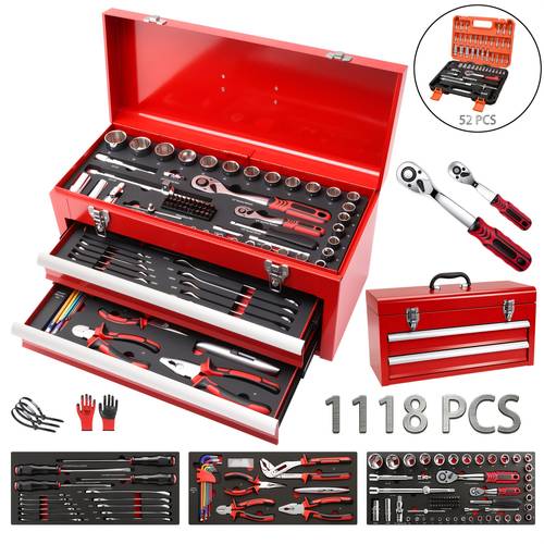 1118pcs mechanics tool set household tool kit with 3 drawer heavy duty metal box portable tool box for home auto repair or 52pcs socket wrench tool set