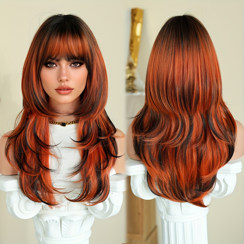 Image of Cosplay Wig Long Straight Ombre Orange Wig With Dark Halloween Dress Up Wig High Layered Density Ombre Color Wigs For Women Party Use Heat Resistant Synthetic Wig 24 Inches