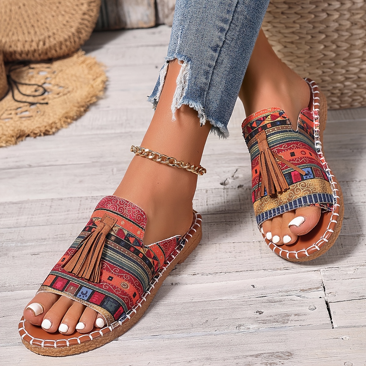 sandalias borla estilo bohemio mujer zapatos verano punta Temu