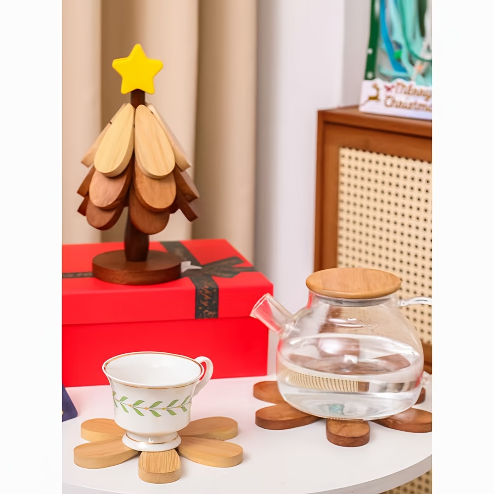 5pcs natural   wood christmas tree heat resistant coaster pot holder set with star topper sturdy base heat resistant kitchen mats for hot dishes holiday table decor durable surface protectors ideal gift   Product details 3