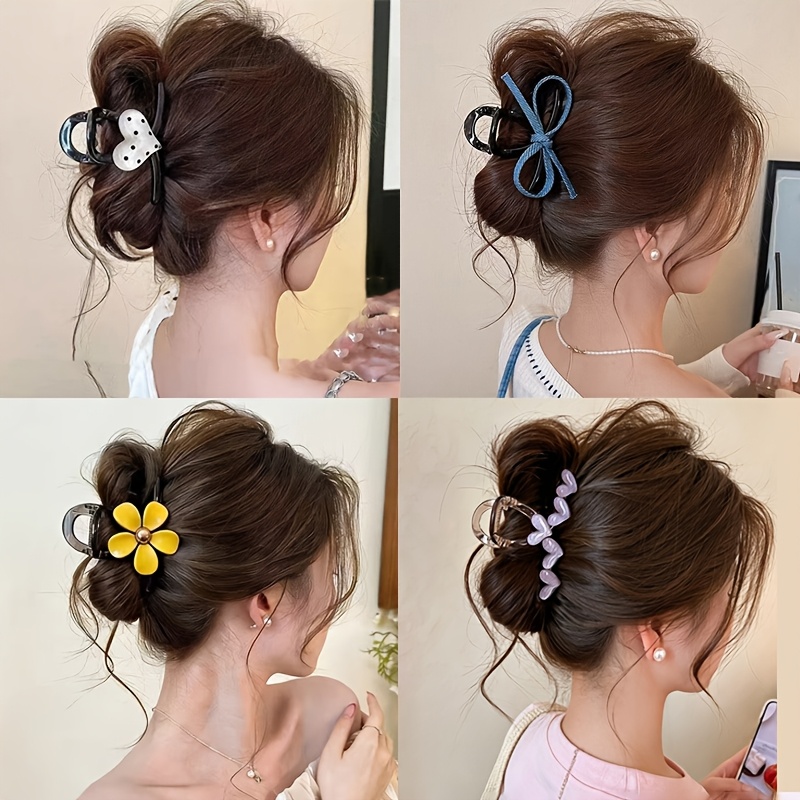 TEMU 4pcs Summer Elegant Hair Claw Clip Set – Polka Dot Heart Style + Bow Style + Style + Purple Heart Style, Non-slip Reinforced Serrated Grip,