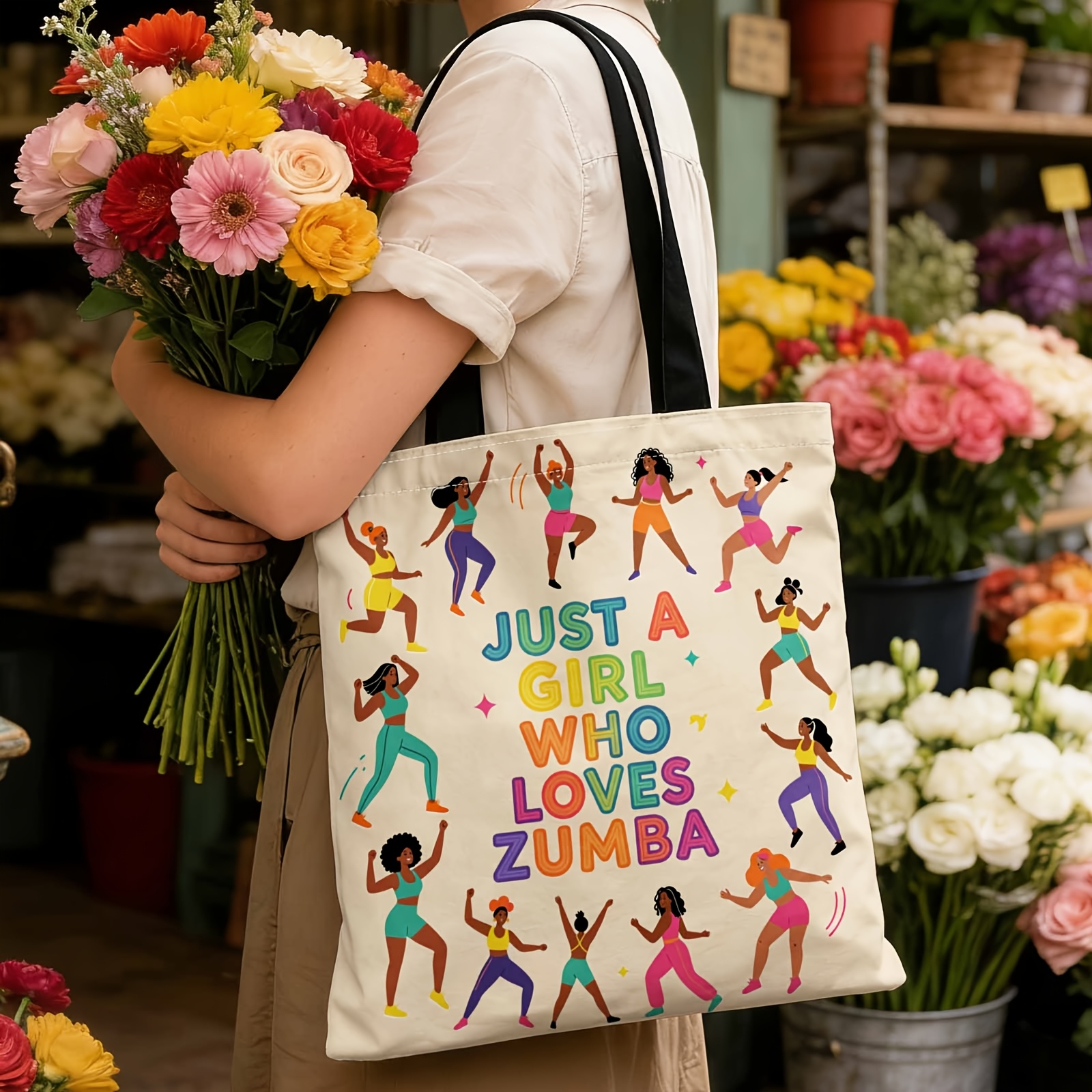 TEMU 2d Flat Printing Handbag, Vibrant Zumba Enthusiast Design Perfect For Fitness Lovers, Gym, , Or Casual — Your Passion With , Movement-