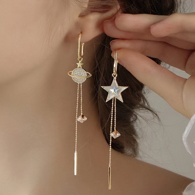 

1 Pair Of Light Luxury Asymmetrical Five-pointed Star Tassel Earrings For Daily And Parties, Holiday Gifts