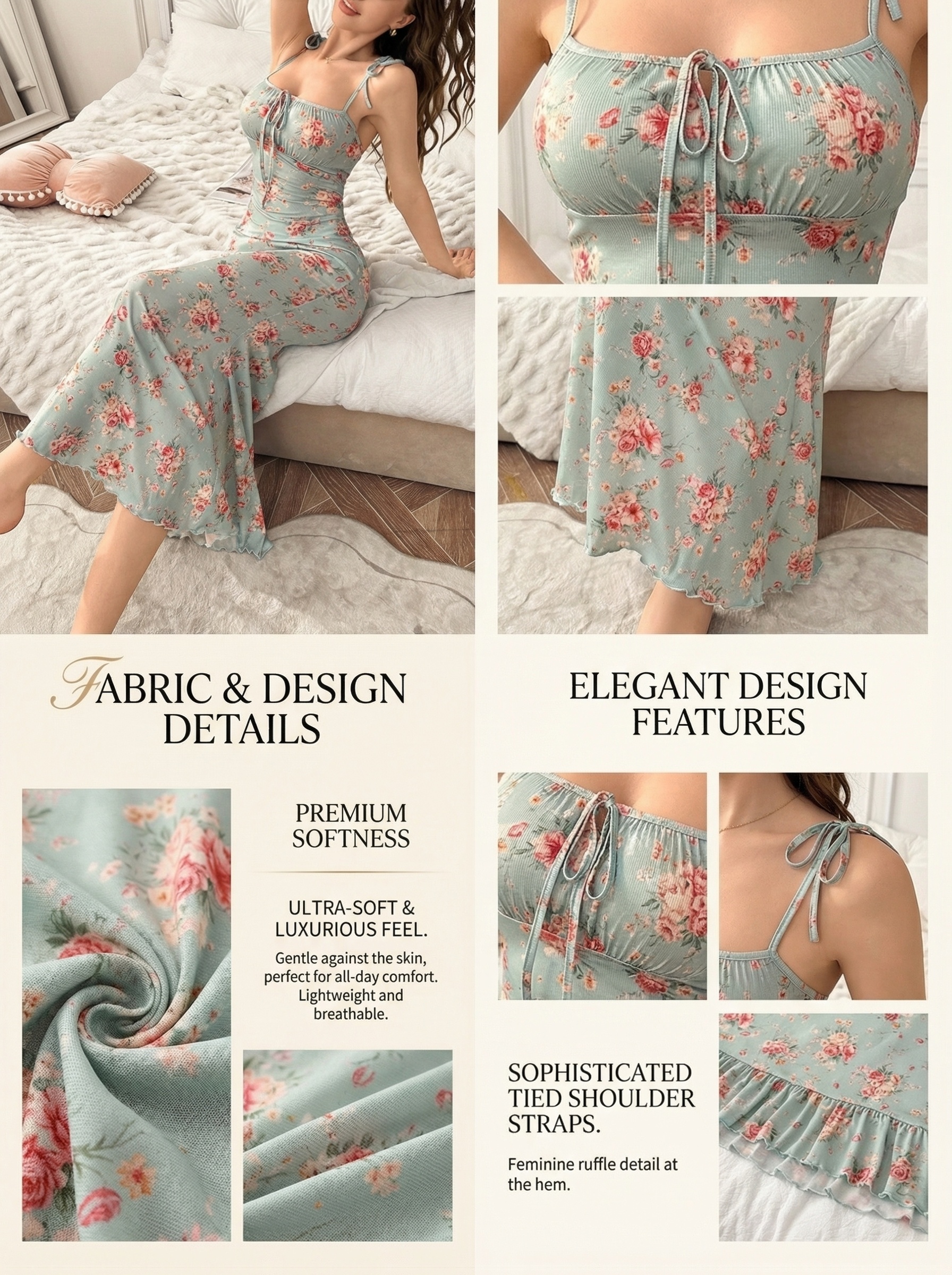 Women'S Stylish Floral Print Midi Nightgown with Thin Straps, Open Back, Tie Bow, And Ruffled Mermaid Design
