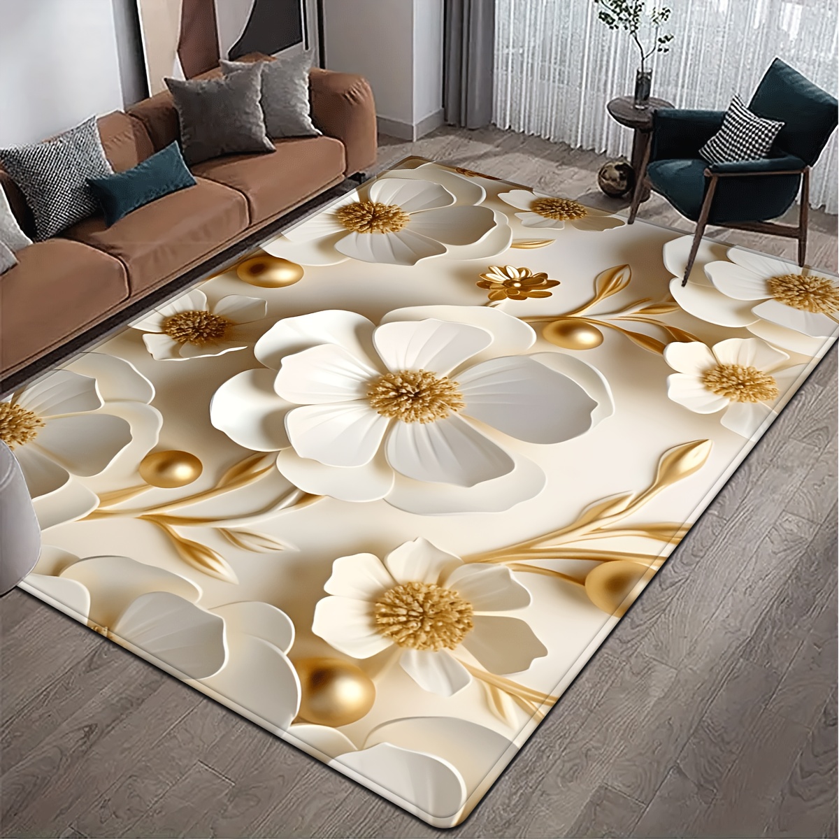 

1pc Floral Pattern Square Area Rug, Flannel Knit Fabric, Fade Resistant, Polyester 100%, 580gsm, 1cm , For Bedroom And Living Room Decor