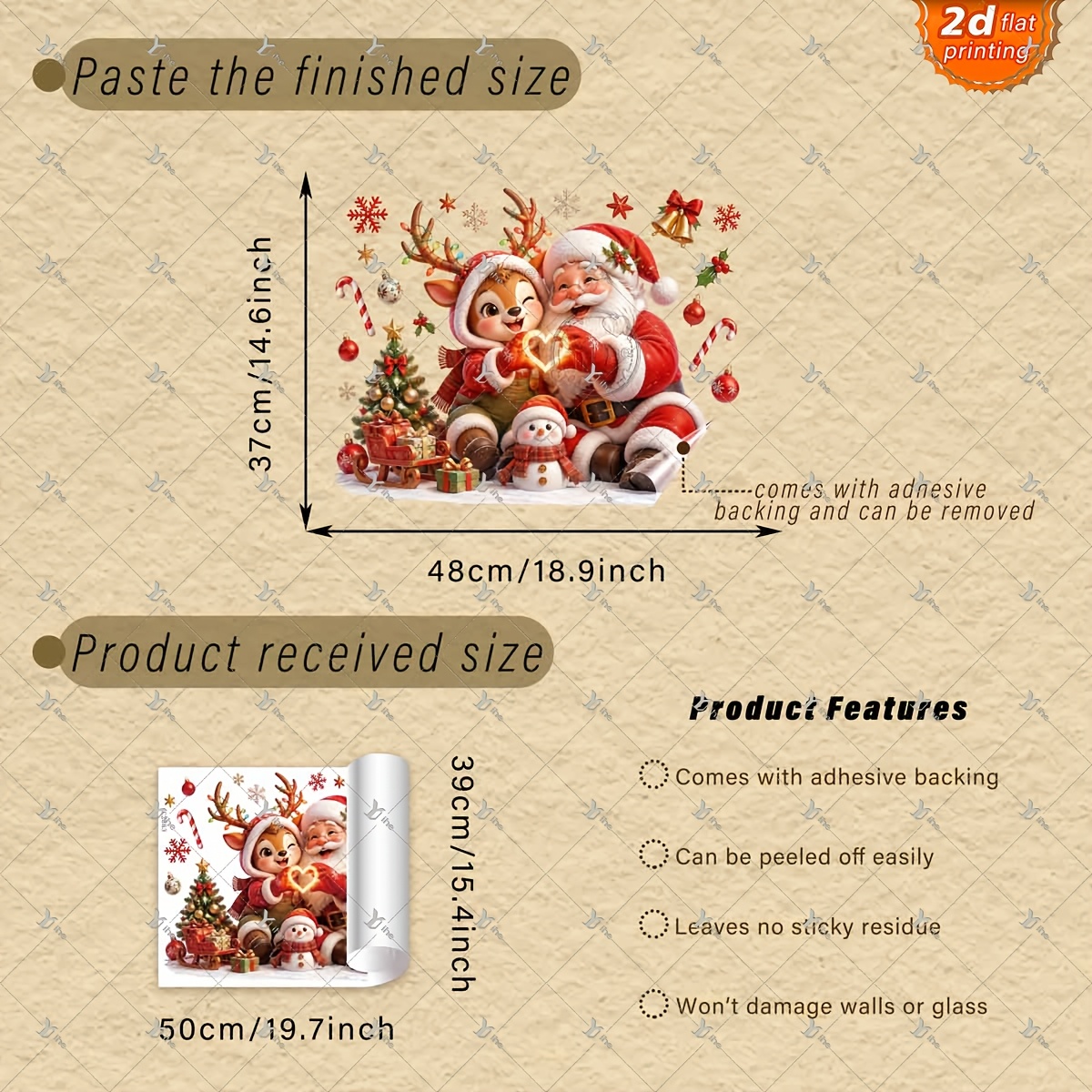 TEMU Autocollant de fenêtre plat 2D, 1 pièce, impression 2D, Père Noël, , de neige, sapin de Noël, boîte cadeau, traîneau, cloche, 40*50cm,