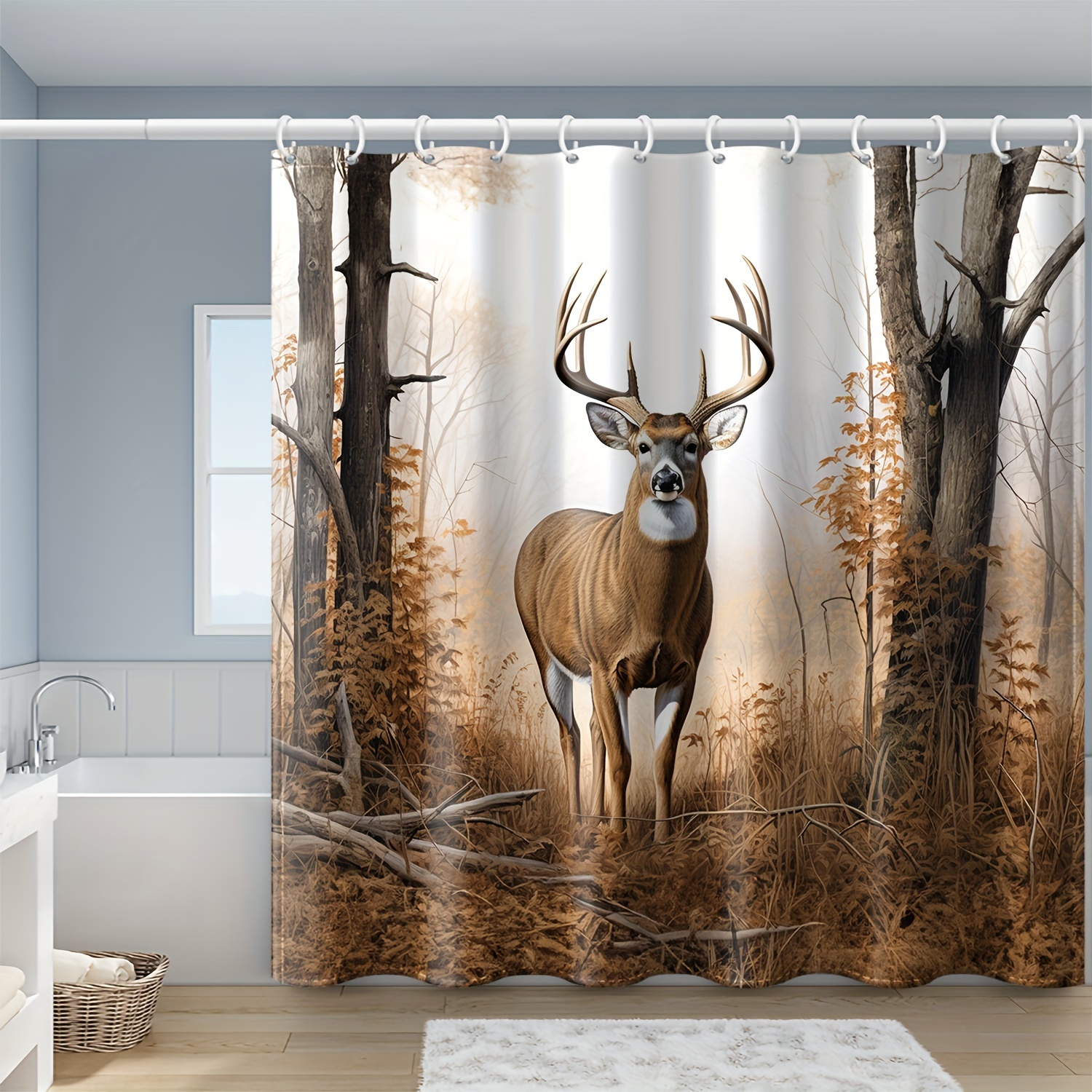 

1pc Deer In Forest Shower Curtain With 12 Hooks, Waterproof Polyester Animal Print Bathroom Decor, Bathroom Accessories, 71x71 Inches