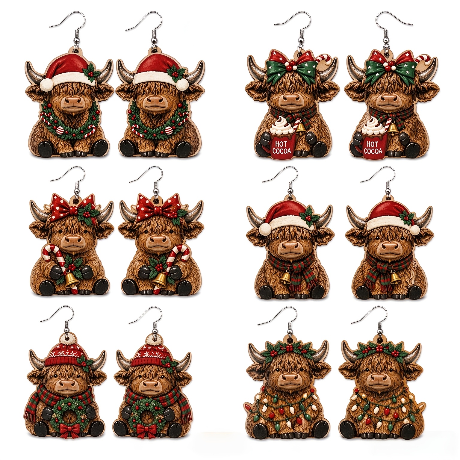 TEMU 12pcs/6 Pairs Women's Acrylic Christmas Hanging Earrings Set, Cute Christmas Wreath And Highland Cow Designs, Trendy Holiday Jewelry, Suitable