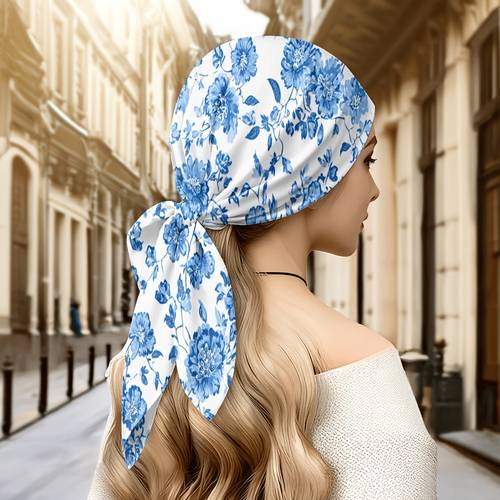 item picture 1 83x35 83 inch womens square scarf smooth flat 2d printed blue and white floral vine pattern headscarf hairband neck scarf bandana lightweight