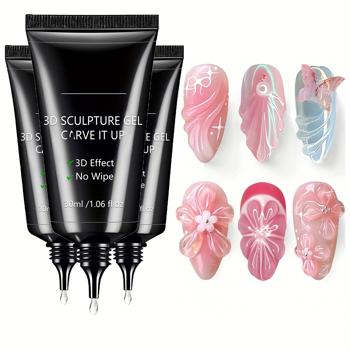 3pcs 1.01oz 3D Sculpting Gel Nail Glue for Nail Designs And DIY Nail Art - Clear Gel Polish for Drawing, Molding, Sculpture And Decoration