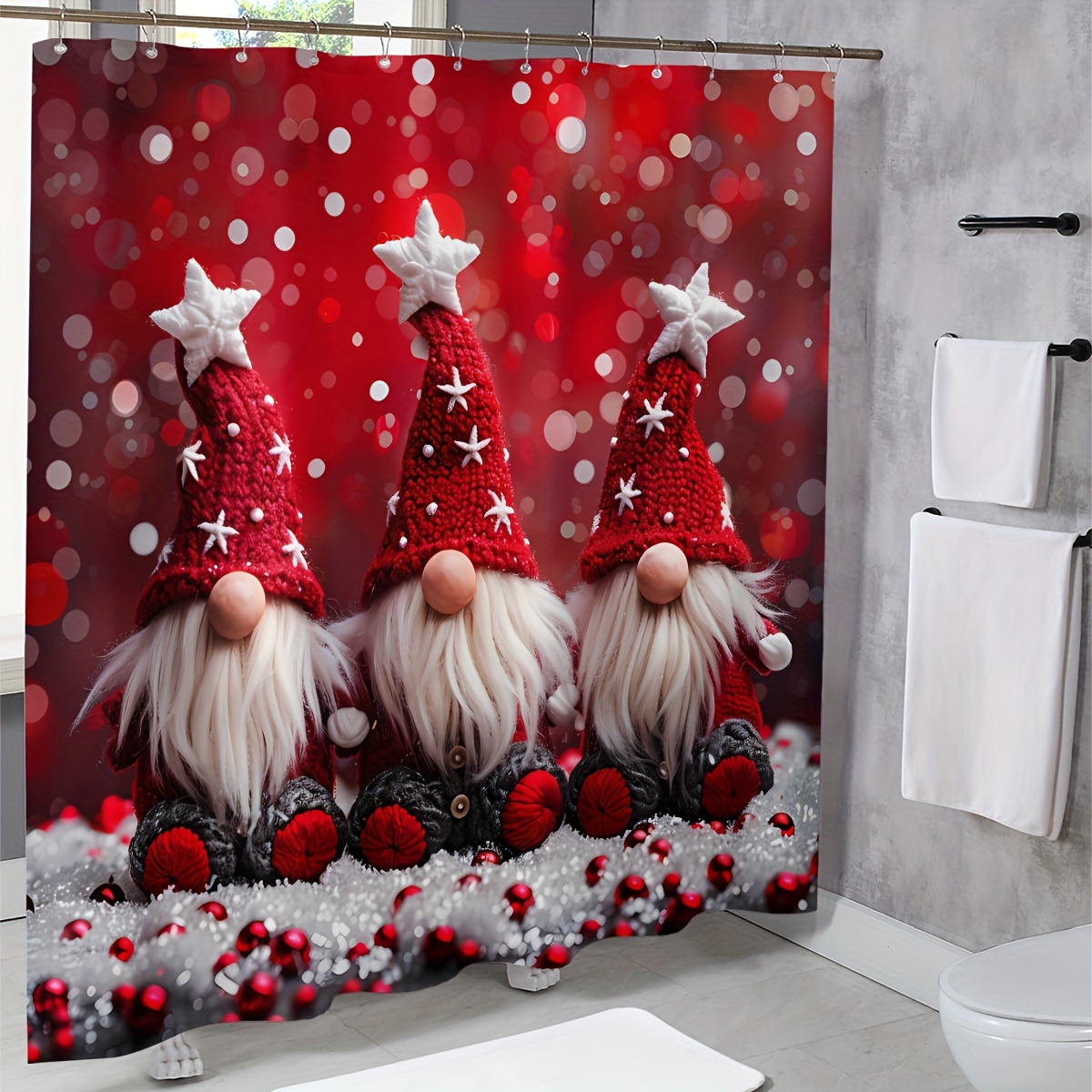 

1pc Christmas Bathroom Set Gnomes, Lining, Polyester, , Non-bleachable - Includes Bath Mat, Rug, 12 Plastic , 70.87x70.87inch, Suitable For Decoration And