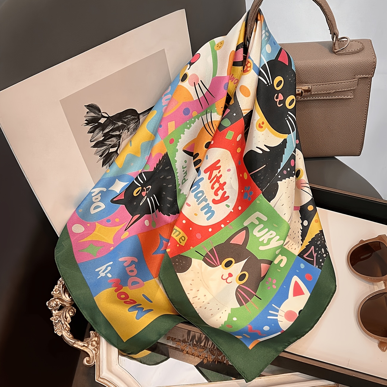 TEMU 1pc Cute Cat 70*70cm Women' Scarf, Neck Scarf, Headscarf, Shawl, , , Y Smooth Fabric, Versatile For Outfits, Worn For And Leisure