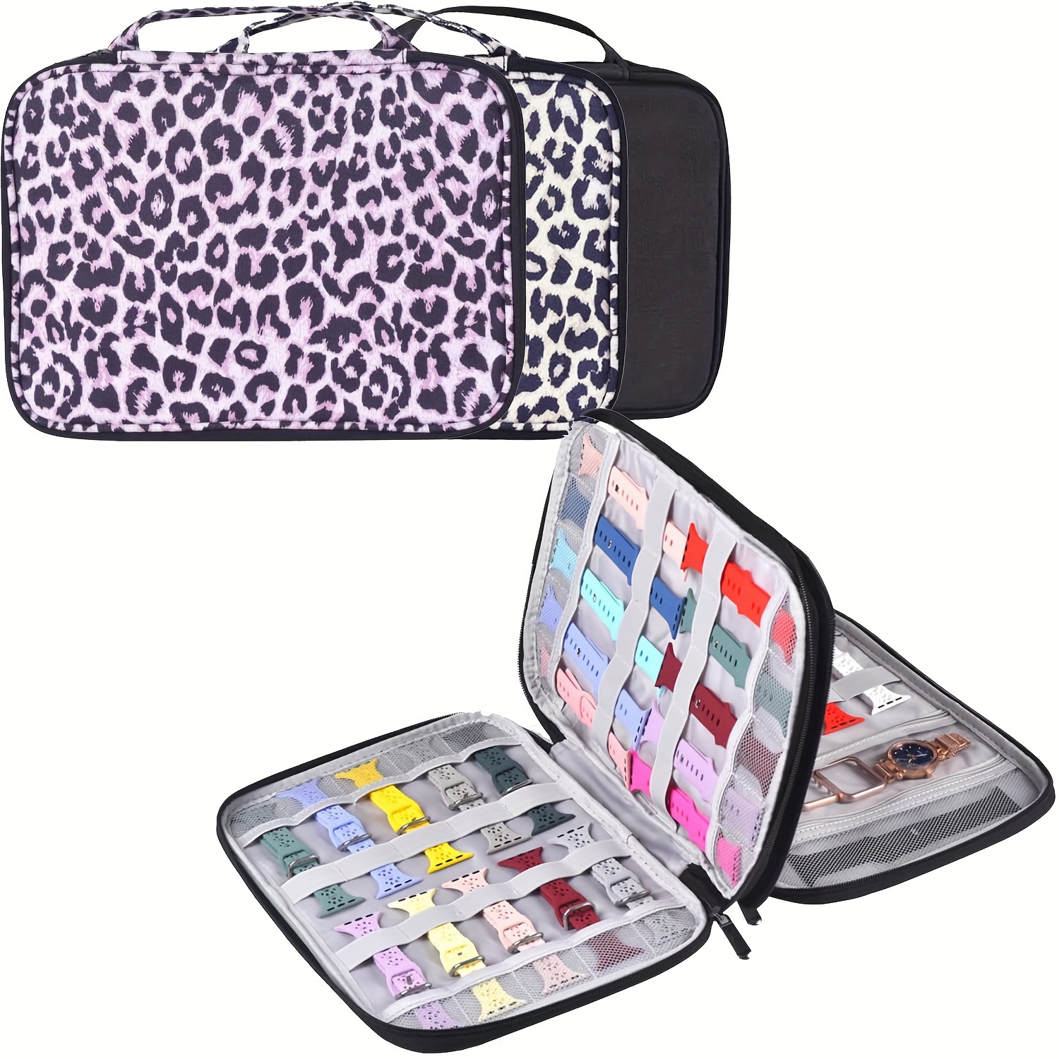 

Expandable Watch Band Organizer Case - Holds 35 Straps, Durable Polyester & Oxford Fabric, Leopard Print Design, Ideal For Watch Bands & Accessories Watch Accessories