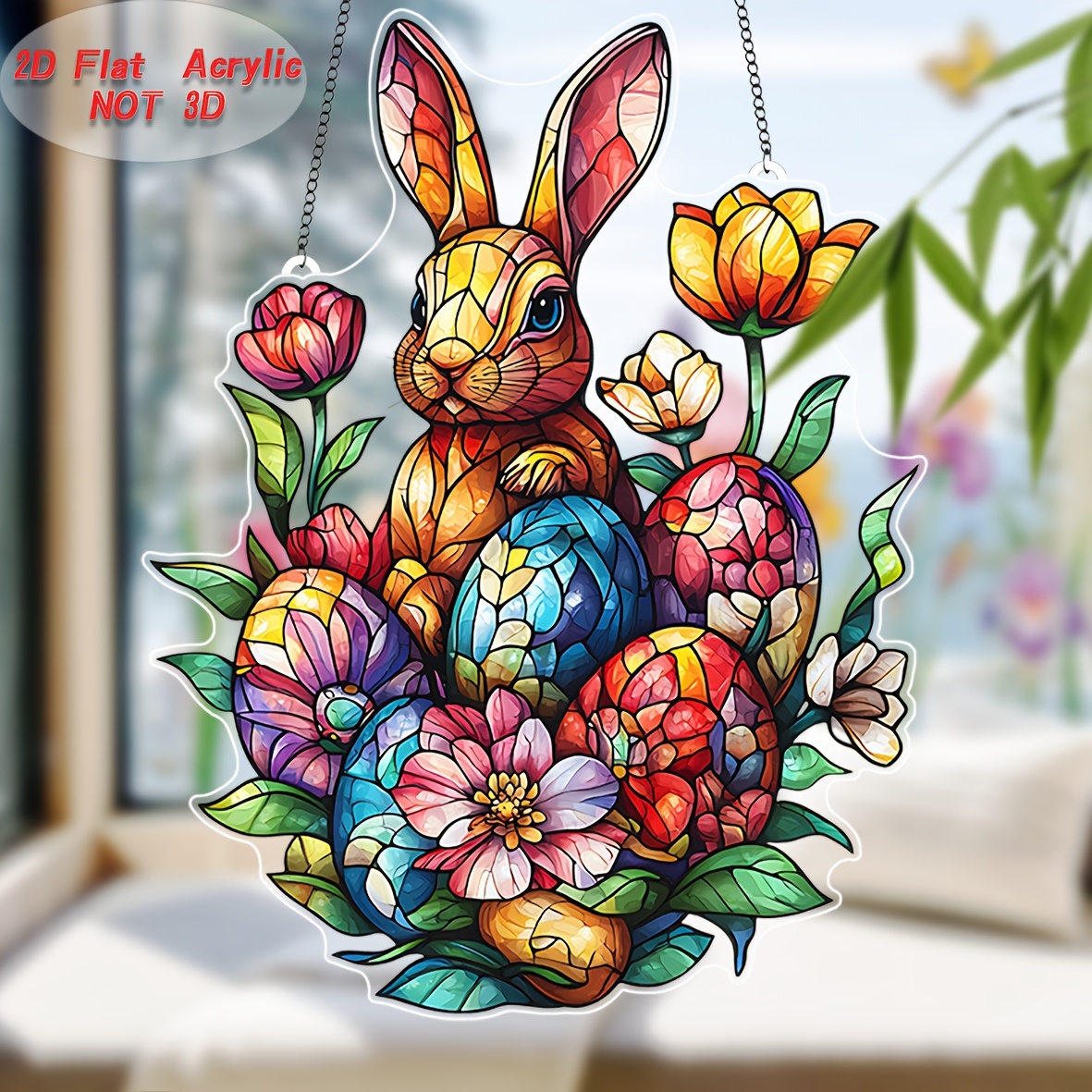 

1pc Easter Bunny And Eggs Suncatcher, 2d Acrylic Stained , Animal Theme Plastic Garden Decor, 6.3"x8" Holiday Wall Art, Vibrant Seasonal Gift For Home & Porch Decoration, Bunny Accessories