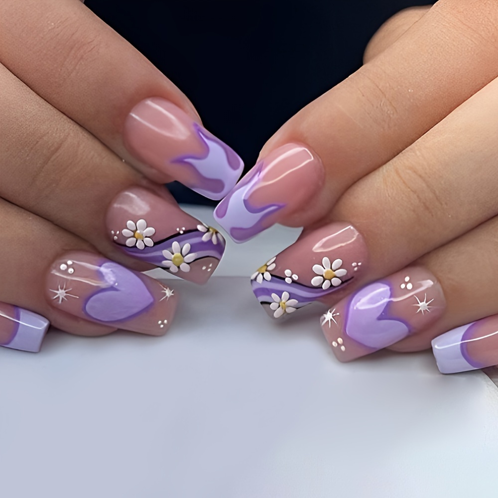 

24pcs/set Purple Flame Heart & Daisy Press-on Nails, Reusable False Nails For Women And Girls, Diy Manicure With Jelly Glue, Nail File & Wooden Stick Included