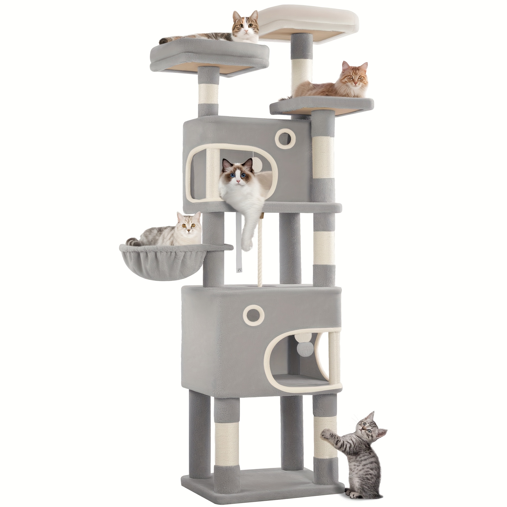 cat tree 180cm cat tree with 8 scratching posts 3 platforms 2 caves basket plush balls sisal rope suitable for cats of   sizes beige light   gray
