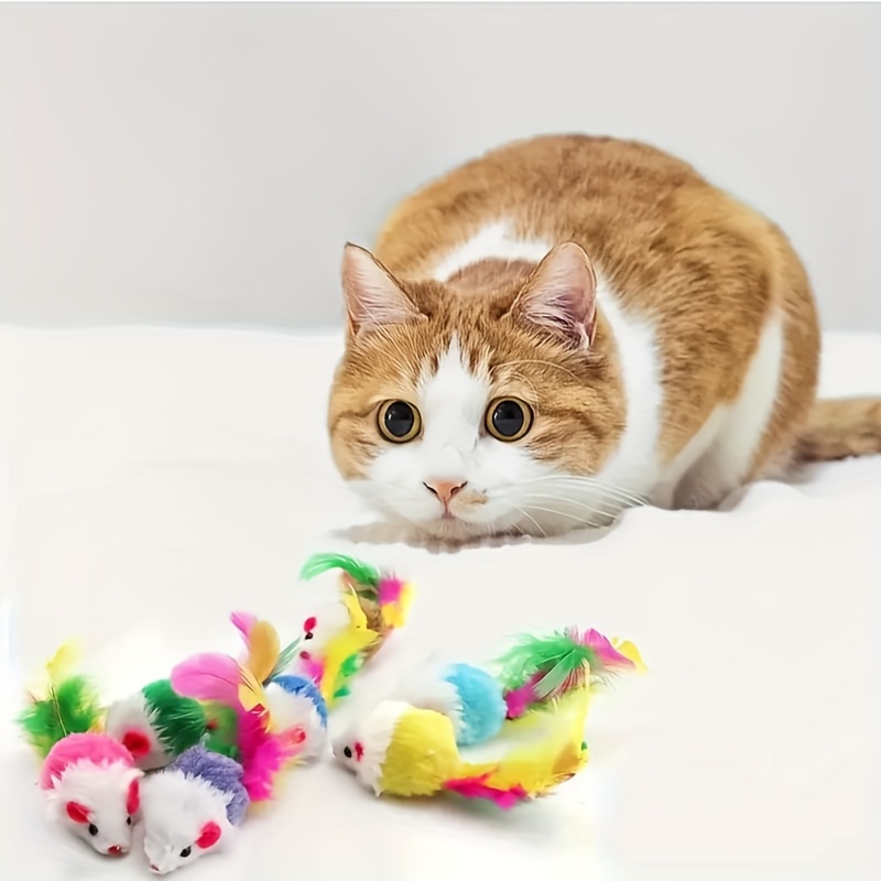 

30 Pcs Furry Cat Toys Squeak Mouse Rattle Mice Cat Catcher Pet Toys With Feather Tails (random Color)