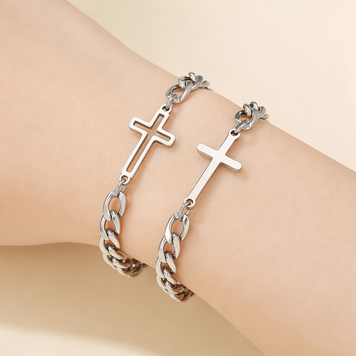 Image of 2pcs High-quality Stainless Steel Cross Bracelets Hip Hop Cuban Chain Couple Bracelets