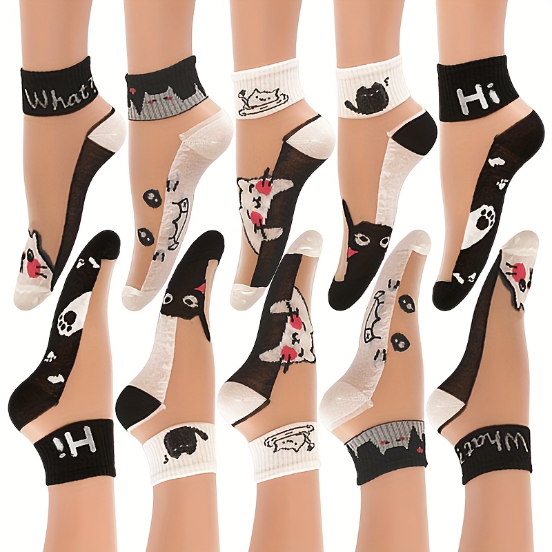 E-shop 10 Paar Damen Knöchelsocken mit süßem Katzenmuster, Mesh, atmungsaktiv – Das perfekte Geschenk für Familie, Freunde Katzenliebhaber