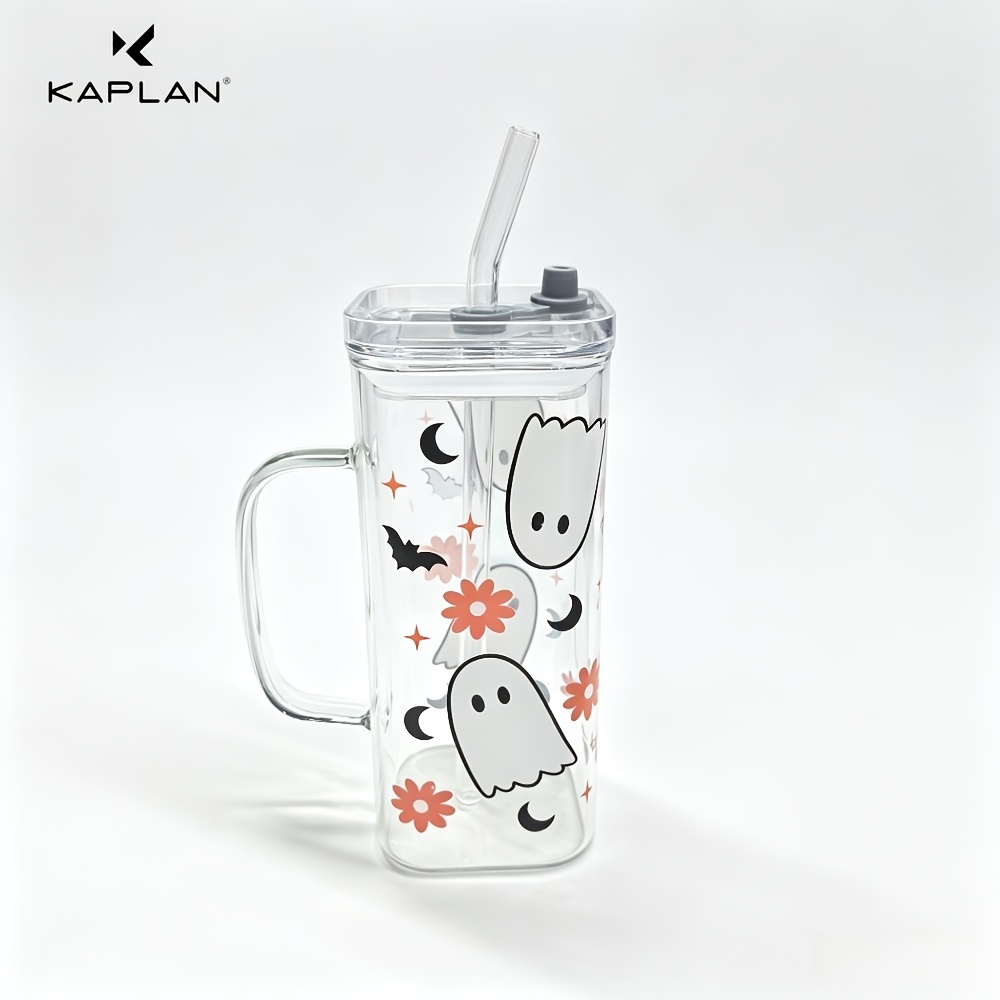 TEMU Kaplan 1pc Halloween Square Glass Cup With Straw, Large Capacity Cold Drink Cup, Cute Bat And Flower Print Juice Tumbler, Party Gathering