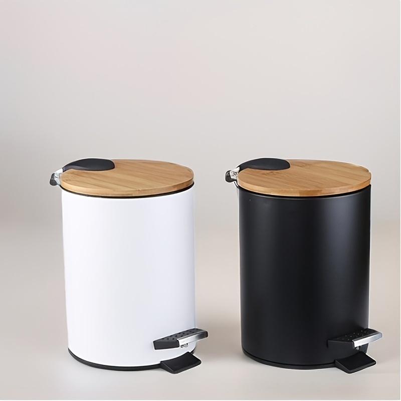 

1pc Round Pedal Trash Can With Bamboo Lid, Stainless Steel, Modern Minimalist Home Waste Bin, Black & White