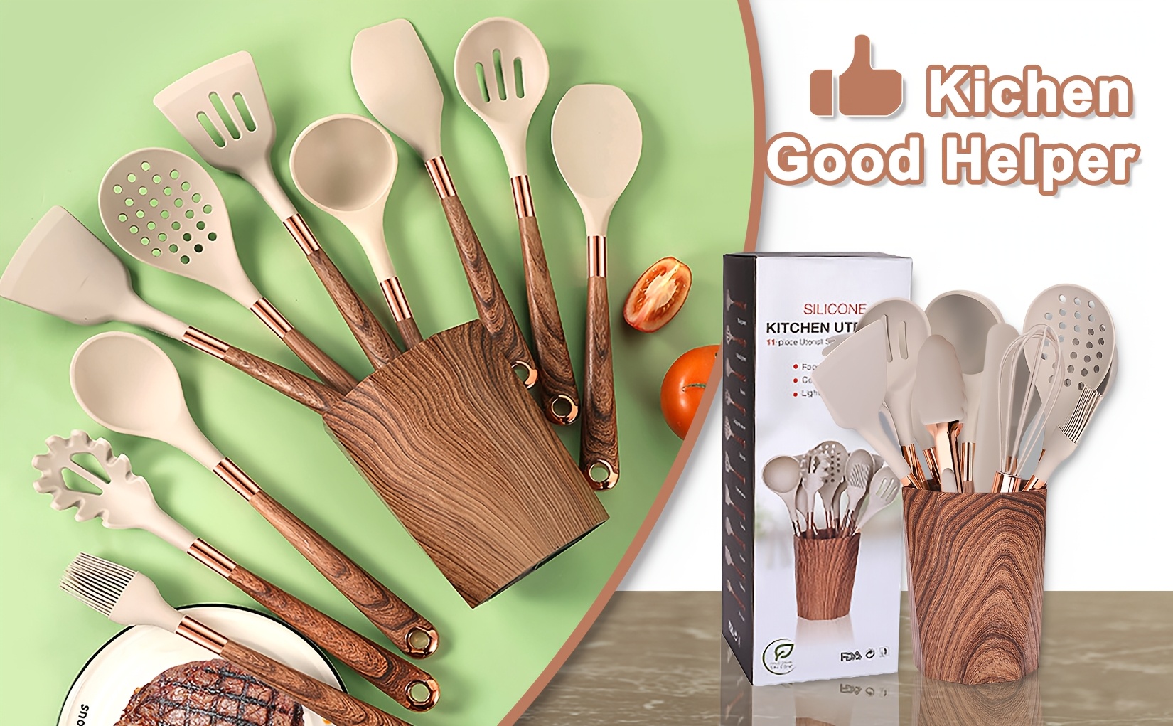 24pcs silicone cooking utensils set kitchen utensils set with storage box wood pattern handle silicone utensils for cooking with food safety turner pasta server skimmer ladle spoon tong whisk details 5