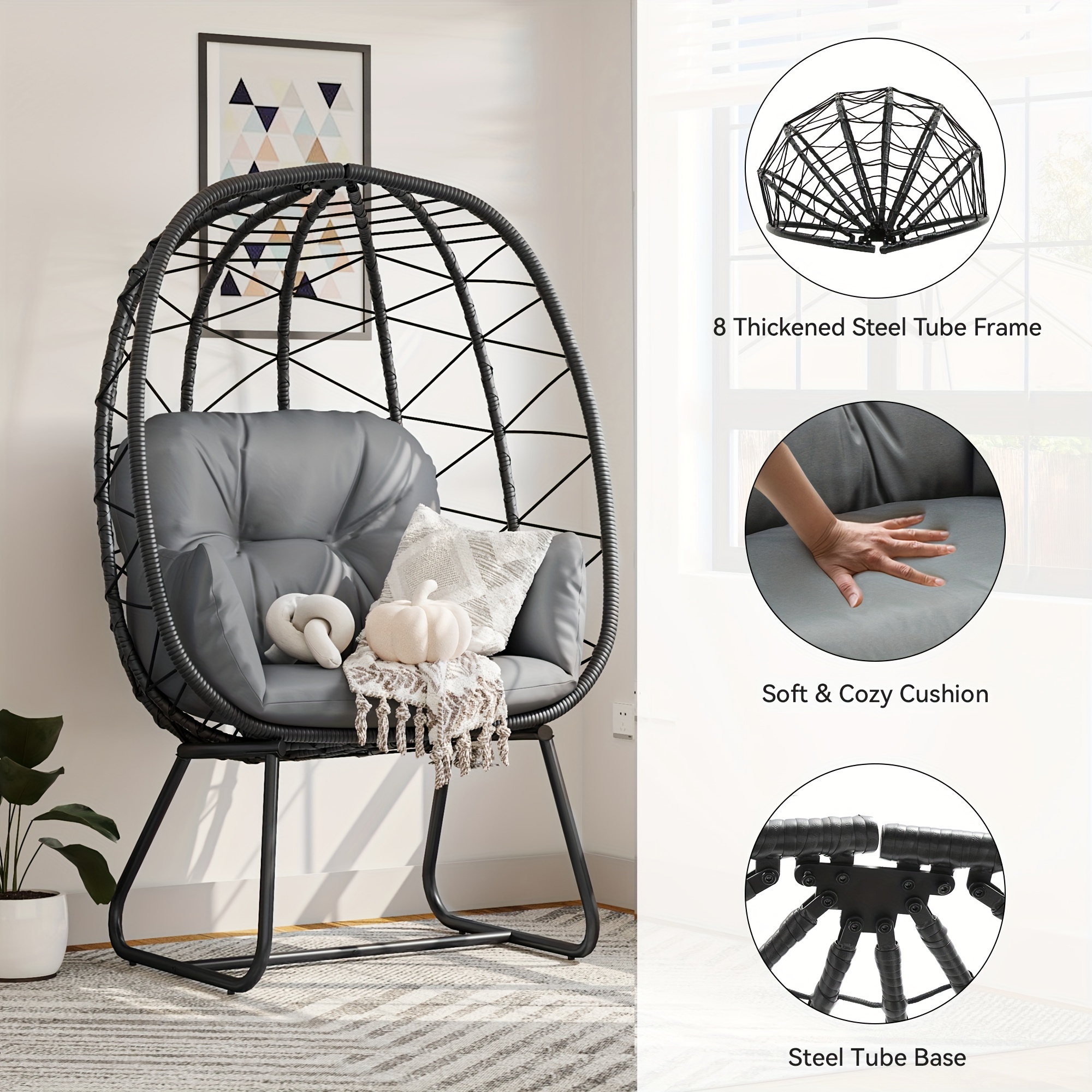 

Quoyad Egg Chair With Stand Outdoor Indoor Egg Lounge Chair With Cushion Wicker Chair Pe Rattan Chair Included For Patio, Garden, Backyard, Porch, Gray